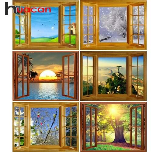 Huacan Diamond Painting Window Landscape Cross Stitch Wall Stickers Embroidery Mosaic Snow Decoration For Home