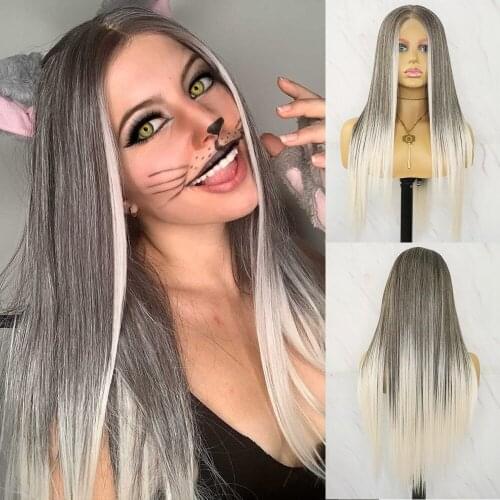 Beautiful Diary Silky Straight Ombre Grey Wigs For Black Women Futura Hair 13x4inch Synthetic Lace Front Wig