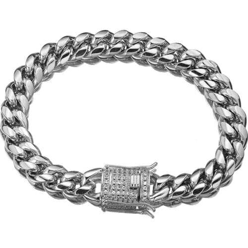 10mm Wide Shiny Crystal 316L Stainless Steel Silver Color Cool Miami Cuban Curb Chain Wristband Men/Womens Bracelet Bangle 7-11"