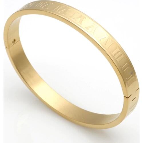 Men And Women Stainless Steel Gold Plating Couples Bracelet Carving Roman Numerals Lover Cuff Bangle Bracelet Wedding Jewelry