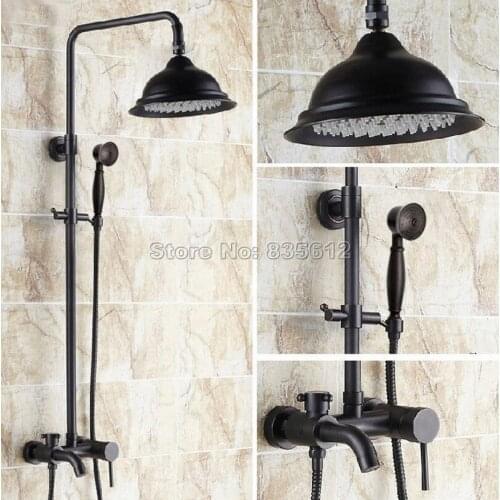 Black Oil Rubbed Bronze Wall Mounted Bathroom Rain Shower Faucet Set / Single Handle Bathtub Mixer Taps + Hand Spray Wrs347