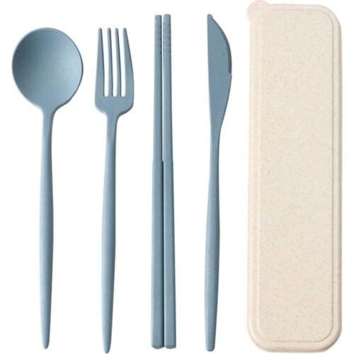 4pcs/set Travel Cutlery Portable Cutlery Box Japan Style Wheat Straw Knife Fork Spoon Student Dinnerware Sets Kitchen Tableware