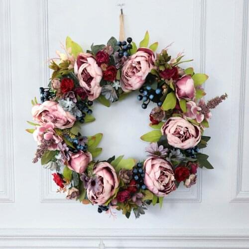European-style Retro Simulation Peony Flower Link Day Home Wedding and Party Decoration Yard Wall Door Hanging Wreath