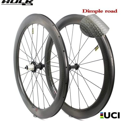 HULKWHEELS 58mm Dimple Carbon Fiber wheelset 700c Road Bike Wheel Clincher Tubular Aero Golf Surface Rim with Powerway R51 Hub