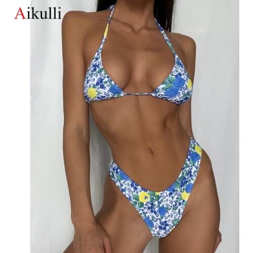New Bikinis Swimsuit Women Blue Floral Print Swimwear Sexy String Halter Biquini Brazilian Bathing Suits Swim Summer Beach Wear
