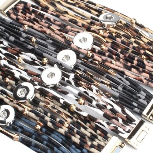 Hot Sale Snap Jewelry Handmade Multilayer Leopard Leather Snap Button Bracelet Fit 20mm 18mm Snap Button Jewelry Magnet Bracelet