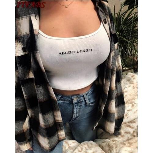 Meihuida Women Fashion Sexy Sleeveless Letter Print Crop Top White Strappy Knitted Tank Top Vest Summer Spaghetti Short Tops