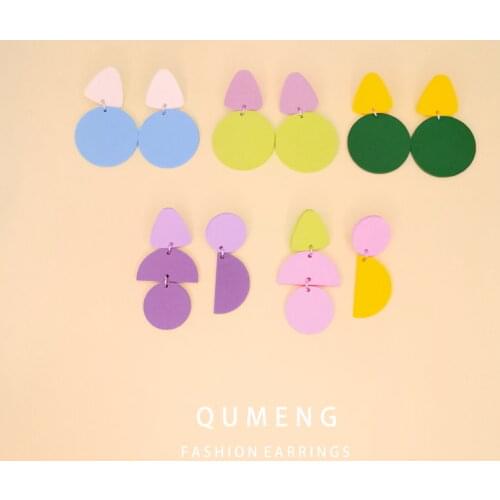 QUMENG ins 2020 Korean New Geometric Round Square Acrylic Earrings for Women candy Color Spray Paint stud Earrings