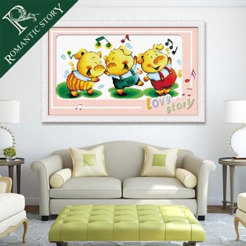 Romantic Story Cute Cartoon Music Pig Gifts Decorations Cross Stitch Needlework DIY 11CT Printing Cross Stitch Embroidery Kits