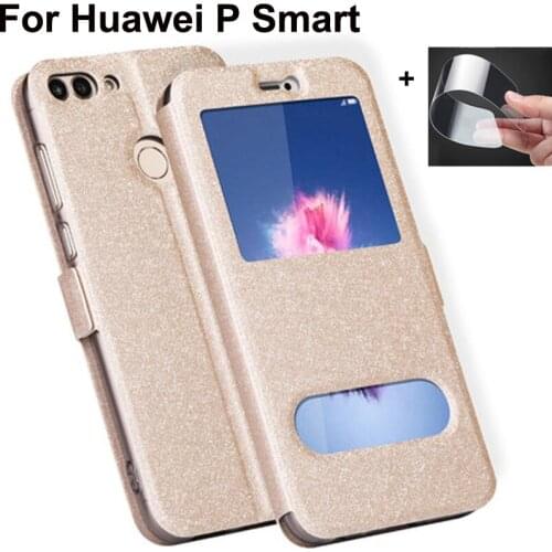 Luxury Front Window Leather Filp Case For Huawei P Smart 5.65" phone cover For Huawei P Smart back cases PSmart coque