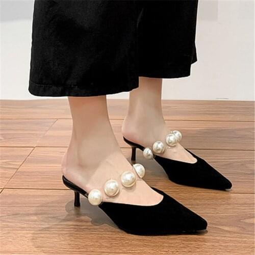 Pearl Pointed Toe Women Sandals Black Summer Shoes For Women High Heels Elegant Shoes Woman