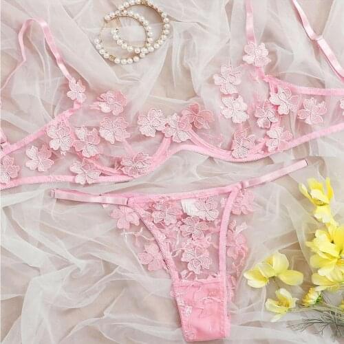 Sexy Lace Lingerie Set Floral See Through Bra Panty Nightwear Wear Transparent Embroidery Sex Pink Sheer Under Underwear Wo V0M0