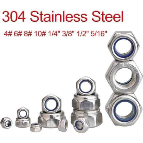 Hex Nylon Insert Lock Nut UNC 4# 6# 8# 10# 1/4" 5/16" 3/8" 1/2" 304 Stainless Steel Hexagon Self-locking Nylock Locknut