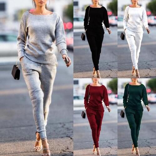 2Pcs Women Autumn Solid Color Ribbed O Neck Top Drawstring Pants Sport Tracksuit Women Top Drawstring Pants Sport Tracksuit