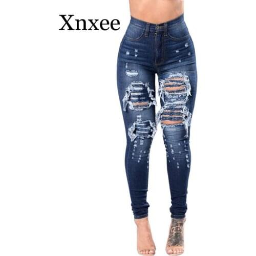 Skinny Jeans Women Denim Pants Holes Destroyed Pencil Pants Casual Trousers push up Stretch Ripped blue Jeans boyfriend jeans