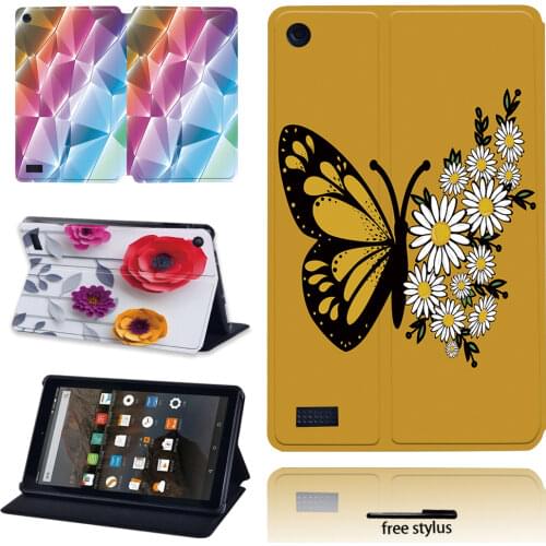 High Quality Leather Flip Dust-proof Butterfly Tablet Case for Amazon Fire 7 (5th/7th/9th Gen 2015/2017/2019) + Free Stylus