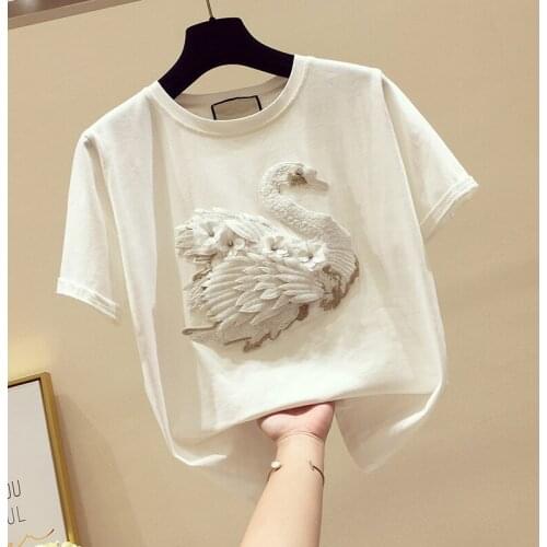 Swan Embroidery Women White T-Shirts Summer New Design 2021 Sweet Style Beaded Female Pulls Outwear Tops Tees