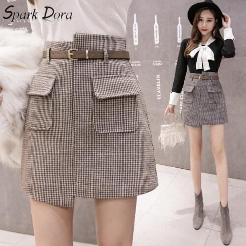 SparkDora Irregular Woolen Plaid High Waist A-line Skirt For Women office lady mulberry silk Faldas Mujer Moda 2019