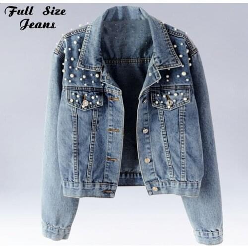 Plus Size Pearl Beading Short Denim Jackets 3Xl 5Xl Women White Wash Long Sleeve Vintage Casual Jean Jacket Bomber Denim Coat