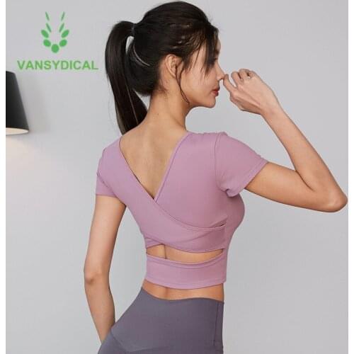 Women Summer Open Back Sports Running Workout Short Sleeve Gym Yoga Shirts V-neck Fitness Training Cropped Top With Chest Padded