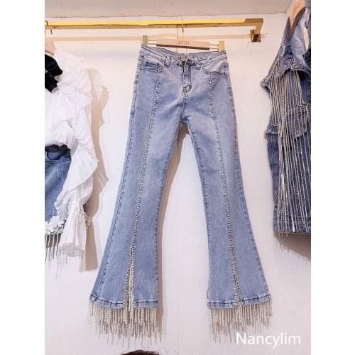 Pearl Fringed High-Waist Jeans Trousers Ladys Light Blue Slim Fashion Women Club Denim Pants Nancylim