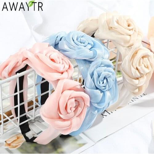 AWAYTR Bezel Triple Rosette Headband Rose Flower Bow Knot Top Wide Hairbands Satin Flower Crown Hair Hoop Women Hair Accessories