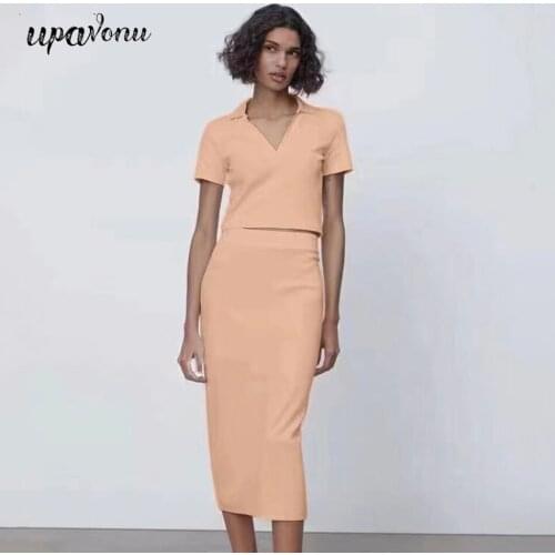 Free Shipping Casual Knit Suit 2021 Women New Summer Lapel Short Sleeve Turtleneck Short Top & Midi Skirt Fashion Two-piece Set