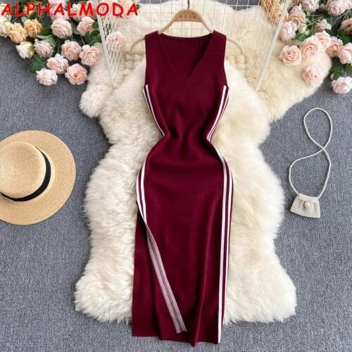 ALPHALMODA Knitted Side Split Dress 2021 New Summer Feminine V-neck Sleeveless Pullovers All Matching Stripe Slim Sexy Dress