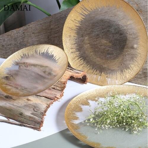 Golden Crystal Glass Dinner Plates Gold Inlay Handmade Dessert Fruit Plate Hotel Restaurant Serving Tray home Kitchen Tableware