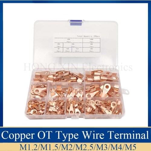 185pcs OT Type 5A 10A 20A 30A 40A 50A 60A 100A Wire Terminal Copper Bare Nose Lugs Crimp Open Mouth Cable End Connector Splice