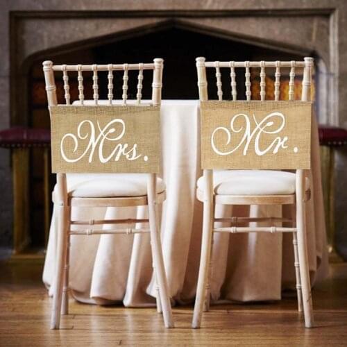 2pcs/set Mr Mrs Burlap Banner For Chair Decor Rustic Wedding Decoration Hanging Sign Flags Just Married Party Event Supplies