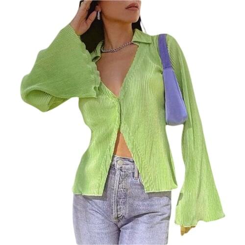 2021 Fashion Elegant Flare Sleeve Lady Shirt Women Long Sleeve Solid Navel Exposed Blouse Spring Autumn Sexy Casual Tops