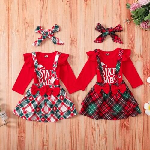 3Pcs Christmas Baby Girls Outfit Letter Printing Long Sleeve Round Collar Bodysuit + Plaid Suspender Skirt + Headwear Set