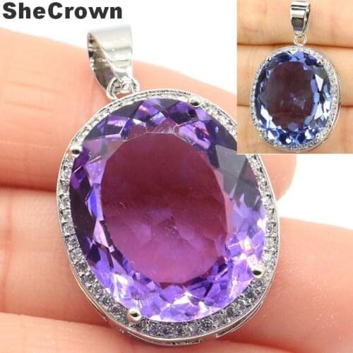 34x21mm SheCrown Deluxe Jewelry Set Created Big Oval 22x18mm Created Color Changing Alexandrite Topaz CZ Silver Pendant