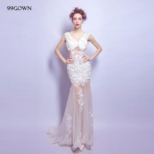 99GOWN 2019 Elegant Stain Wedding Dress Sexy V-Neck Backless Handmade Flower Beading Mermaid Long Bridal Dress Tulle Gown