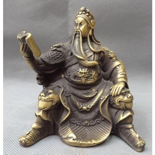 Free Shipping 13cm Chinese Bronze Dragon Head Warrior Sit GuanGong GuanYu God Read Look Statue