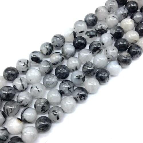 Natural Stone Beads Genuine Black Hair Rutilated Crystal Round Beads Smooth DIY Jewelry Making 15 inches/strand 6 8 10 12 mm