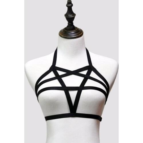 Black women Cage bra crop top pentagram harness bra very sexy elastic dress
