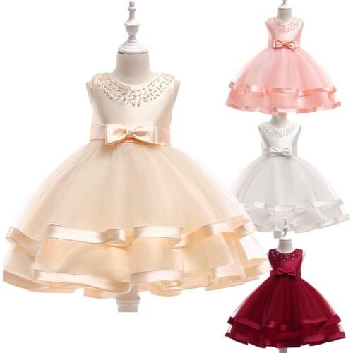 Childrens Dress Princess Nail Beaded Cake Layered Pomp Ribbon Flower Frocks Child Wedding Birthday Party Dress 4 6 8 10 12 Yrs