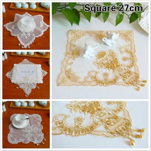 European Lace Embroidery Beaded Pendant Fine Square Placemat Coaster Coffee Table Mat Dust Cover Cloth Christmas Wedding Decor