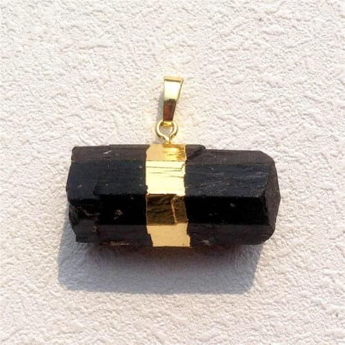 FUWO Natural Black Tourmaline Pendant High Quality Druzy Charm 24K Gold Electroplate Center Hung Ring Jewelry Supplies PD081