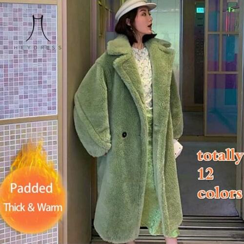 Heydress Women Winter Faux Fur Warm Long Coat Vintage Long Sleeve Female Thick Teddy Bear Coat Casual Loose Oversize Outwears