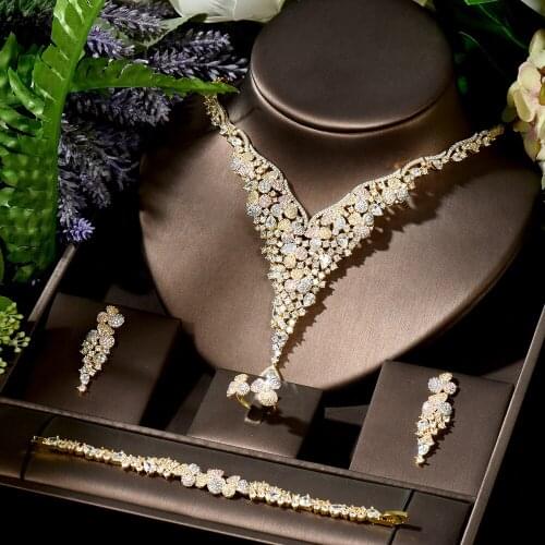 HIBRIDE Sparkling CZ 3 Gold Color Plated Big Pendant Necklace Exclusive Nigerian Jewelry Set Women Engagement Gifts N-1503