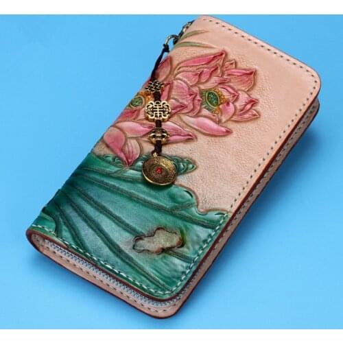 Genuine Leather Wallets Carving Lotus Bag Purses Women Long Clutch Vegetable Tanned Leather Wallet Mothers Day gift