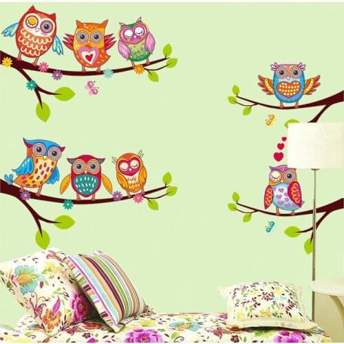 Colorful Owls Cartoon Wall Stickers Owls on The Tree Children Room Home Decor Wall Decals Wall Stickers for Kids Rooms Removable