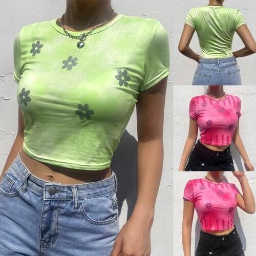 Womens Tie Dye Crop Tops Glitter Floral Sequin Short Sleeve Crew Neck Slim Fit T-Shirts Sexy Slim Fit T-Shirt Polyester Crop top