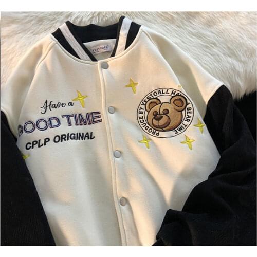 New Retro Wild Bear Embroidery Loose Couple Autumn Thin Baseball Uniform Jacket Sweater Fashion Trend Jacket Women Coat Women