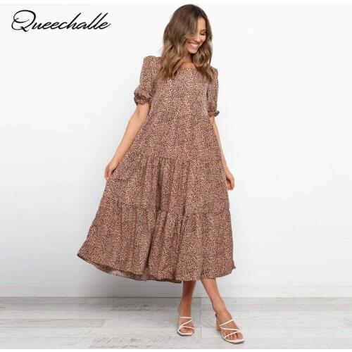 Summer Sundress Brown Pleated Long Dress Polka Dot Casual Dresses Womens New 2021 Elegant Vacation Clothes For Woman Party Robe