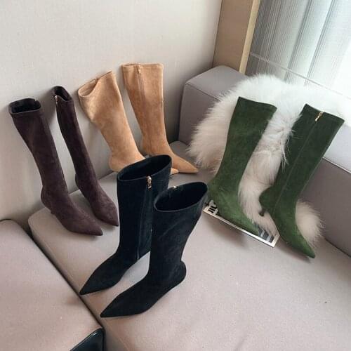 Fashion Women Knee High Sock Booties Pointed Toe Thin Mid Heels Solid Color Side Zipper Black/Beige/Brown/Green Winter Boots