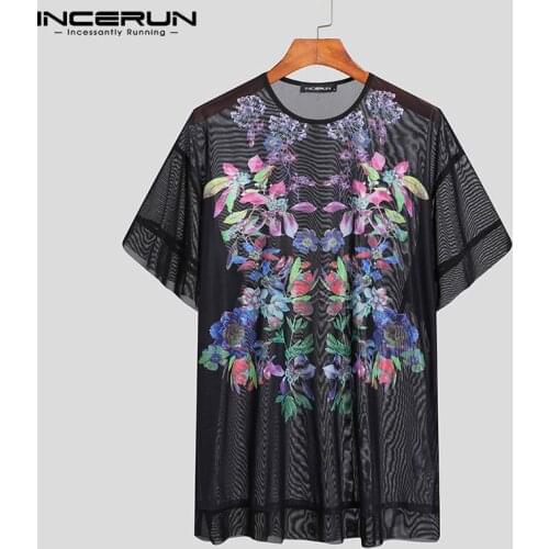 Men T Shirt O Neck Short Sleeve Mesh See Through 2021 Flower Printed Camisetas Streetwear Casual Party Men Clothing 5XL INCERUN